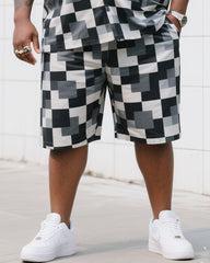 Big Man's Daily Leisure Outdoor Activities Black And White Gray Creative Checkered Camouflage Short Sleeve Shirt Shorts Suit