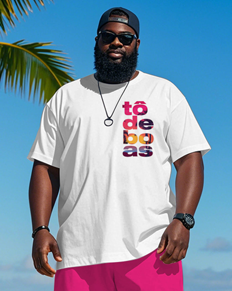 Men's Plus Size Hawaiian Gradient Letter Print Short Sleeve T-shirt Shorts Suit