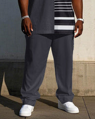 Men's Plus Size Black Gray Striped Stitching Printed Short Sleeve T-shirt Trousers Suit