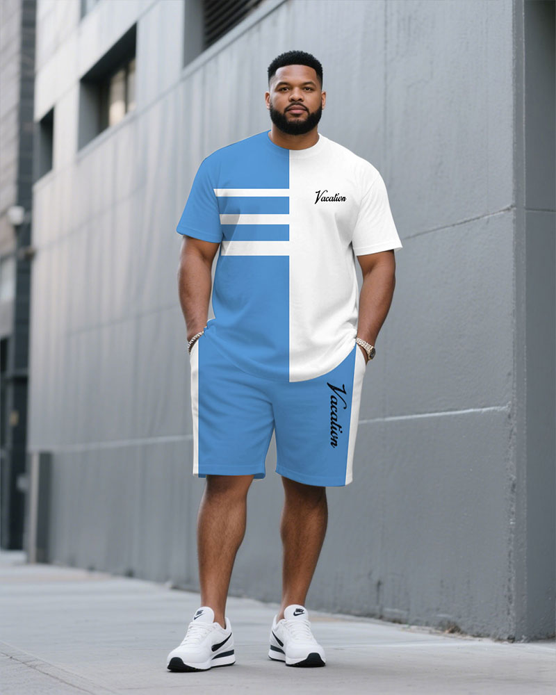 Men's Plus Size White & Blue Pants Side-stitched Round Neck Short-sleeved T-shirt Half-length Pants Suit