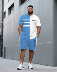 Men's Plus Size White & Blue Pants Side-stitched Round Neck Short-sleeved T-shirt Half-length Pants Suit