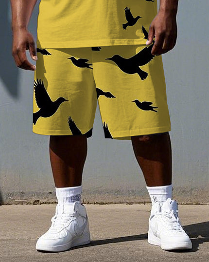 Men's Simple Punk Style Bird and Chain Print Big & Tall Casual Short-Sleeve T-shirt 2-Piece Set