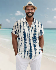 Men's Plus Size Hawaiian Blue And White Texture Print Short Sleeve Slub Shirt
