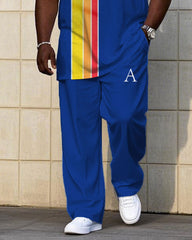 Men's Plus Size Rainbow Color Block Blue Short Sleeve T-shirt Trousers Suit