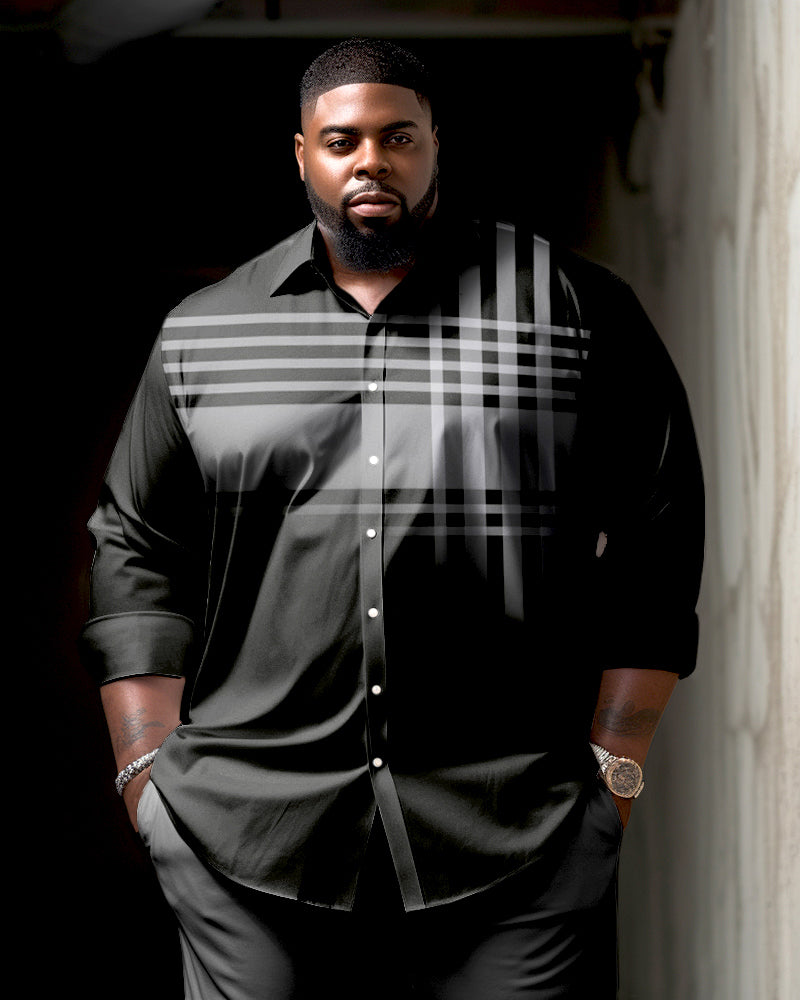 Men's Plus Size Classic Black & White Plaid Long Sleeve Lapel Shirt