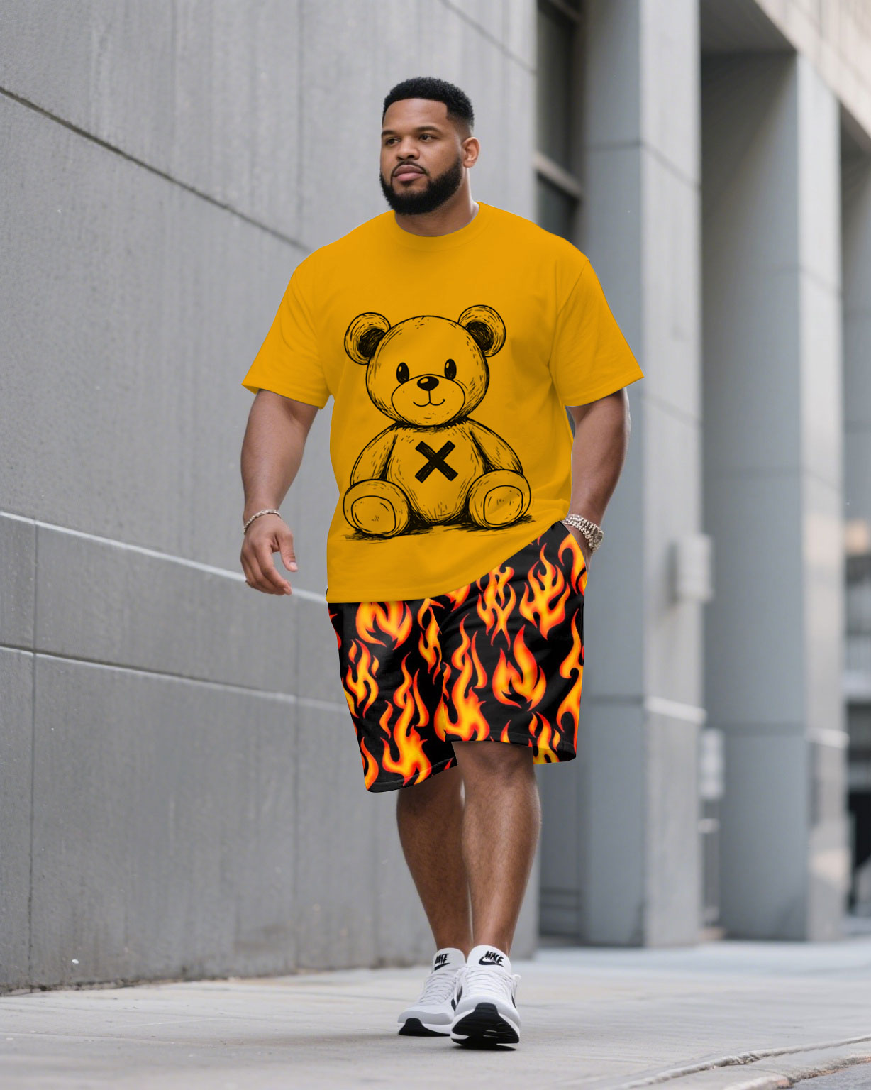 Men's Plus Size Yellow Flame & Bear Print Round Neck Short Sleeve T-Shirt Shorts Suit