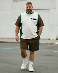 Big & Tall Men's Brown Green Geometric Letter Printed Round Neck Short Sleeve T-shirt Shorts Suit