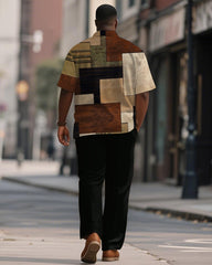 Men's Plus Size Simple Brown Color Block Print Short Sleeve Shirt Trousers Suit