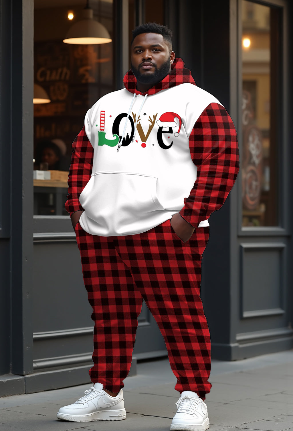 Couple Matching Plus Size Christmas Love Plaid Hoodie Sweatpants Set
