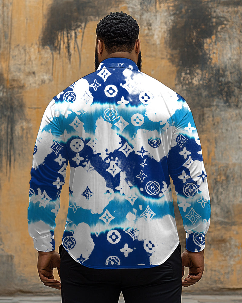 Men's Plus Size Business Blue Stripe Vignetting Diamond Geometric Print Long Sleeve Shirt