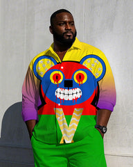 Big Men's Casual Fierce Bear Theme Street Fashion Gradient Effect Long Sleeve Shirt Pants Set