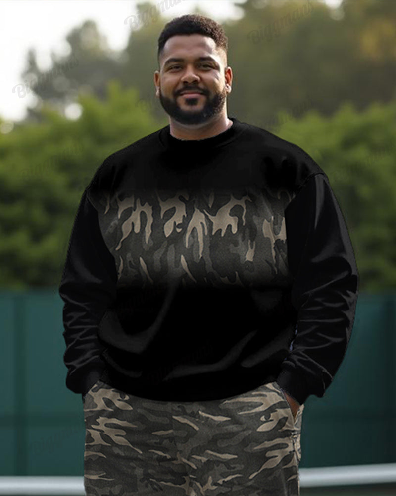 Fashion Camouflage Stitching Men's Plus Size Sweatshirt Two-piece Set