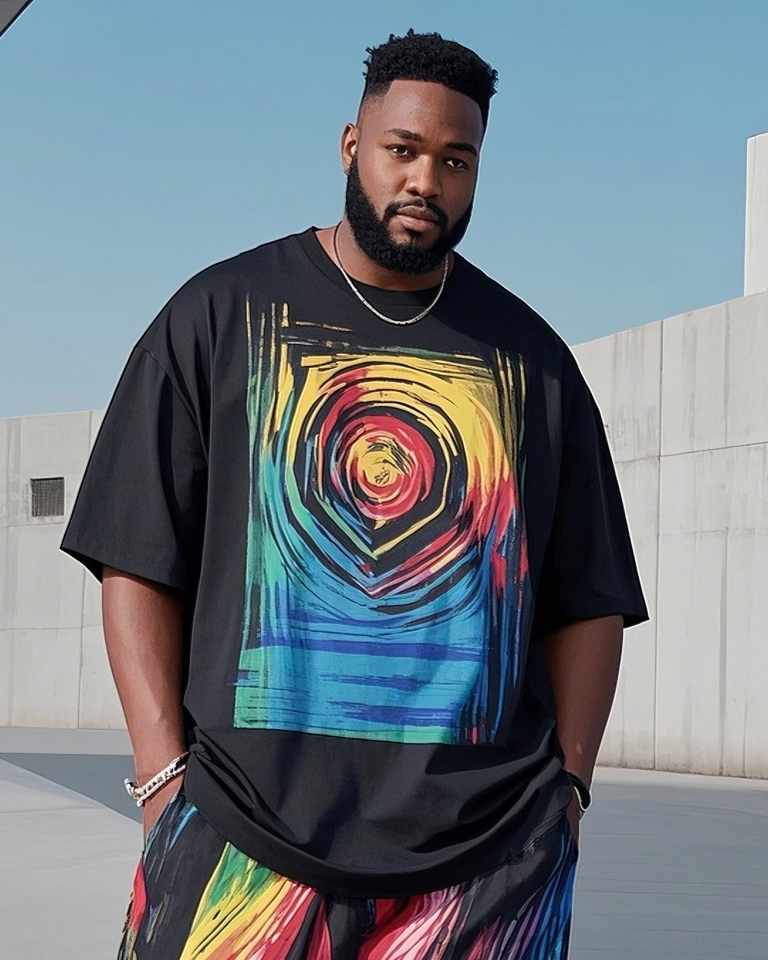 Plus Size 1 L-9L Men's Abstract Printed Casual Short Sleeve T-Shirt Pants Suit