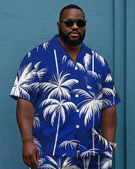 Big and Tall Guys' Hawaiian Coconut Trees Printed Cuban Collar Short Sleeve Shirt Shorts Set