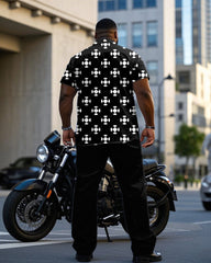 Men's Plus Size Business Black Geometric Arrangement Printing Daily Casual Short Sleeve Shirt Trousers Suit