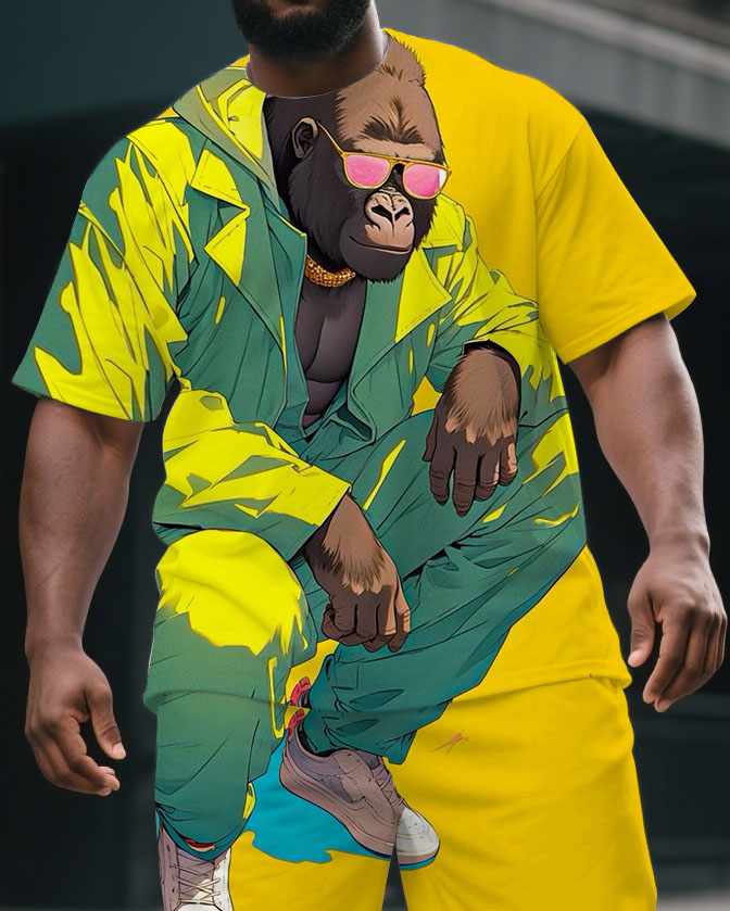 Men's Big & Tall Funny Crouching Gorillas Print Daily Fashion Short-Sleeved T-shirt & Short Set