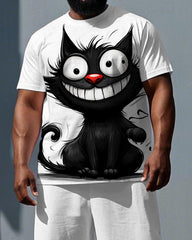 Big & Tall Men's Simple Funny Black Cat Print Breathable Short-Sleeve T-shirt and Shorts Set
