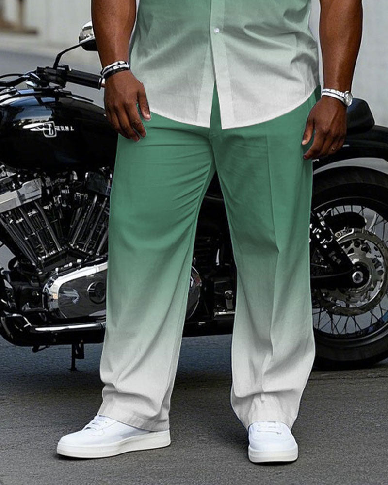 Men's Plus Size Casual Green Gradient Short Sleeve Shirt Trousers Suit