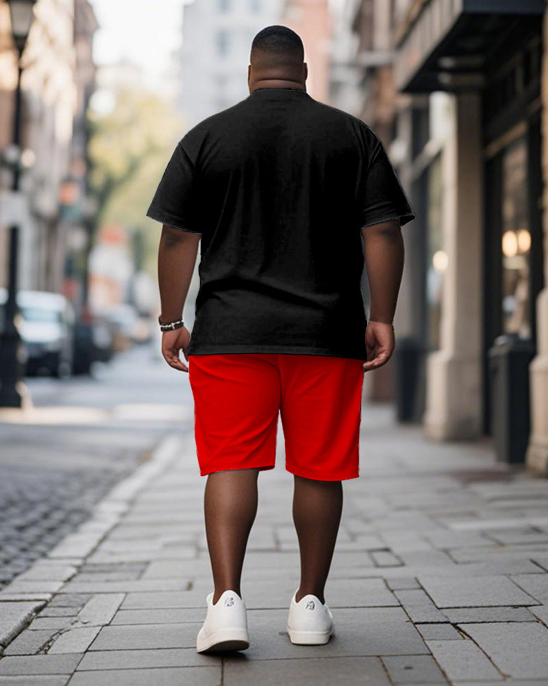 Men's Plus Size Black Red Question Mark Printed Short Sleeve T-shirt Shorts Suit