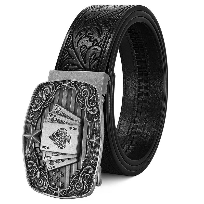 Unisex Western Cow Hide Embossed Leather Ratchet Belt with Automatic Buckle