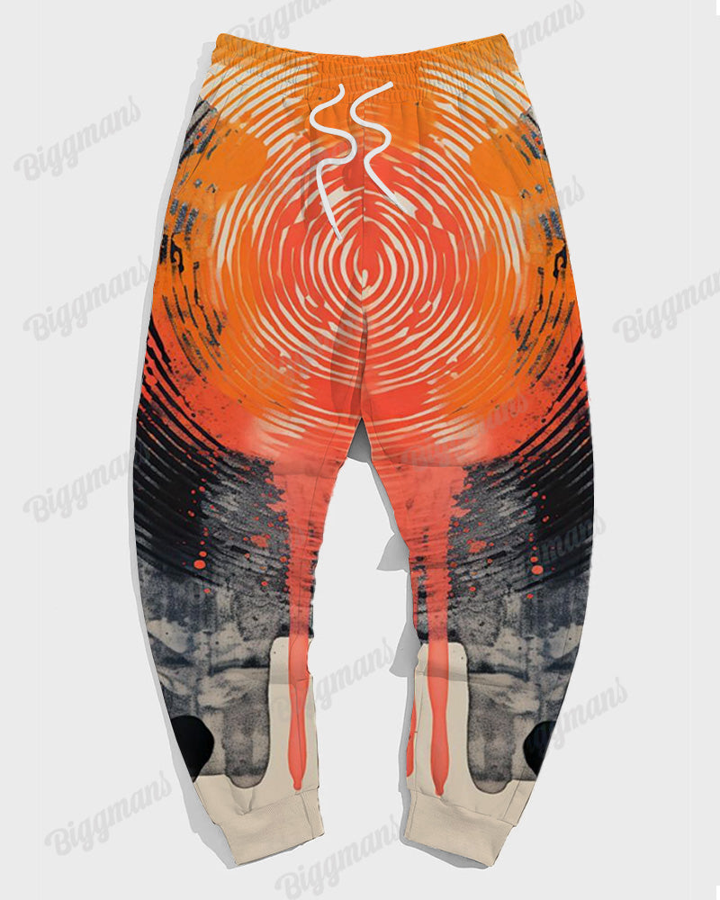 Mens Daily Casual Orange Swirl Geometric Print Plus Size Hoodie Suit