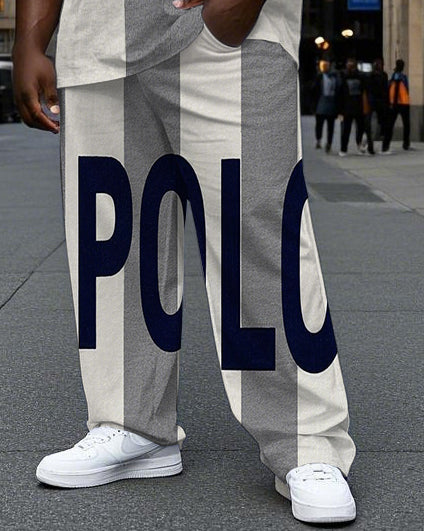 Men's Big Size Fashion Vertical Splicing Color Block Letter POLO Printed Short Sleeve T-shirt Pants Set