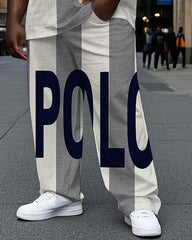 Men's Big Size Fashion Vertical Splicing Color Block Letter POLO Printed Short Sleeve T-shirt Pants Set