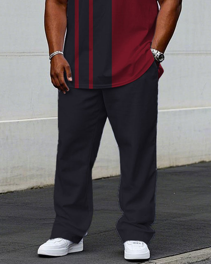 Men's Plus Size Black Grey & Red Chest Badge Short Sleeve T-Shirt Trousers Suit