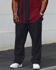 Men's Plus Size Black Grey & Red Chest Badge Short Sleeve T-Shirt Trousers Suit