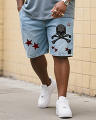 Big & Tall Men's Fashion Street Personality Skull And Star Gradient T-shirt Small Label Shorts Denim Suit