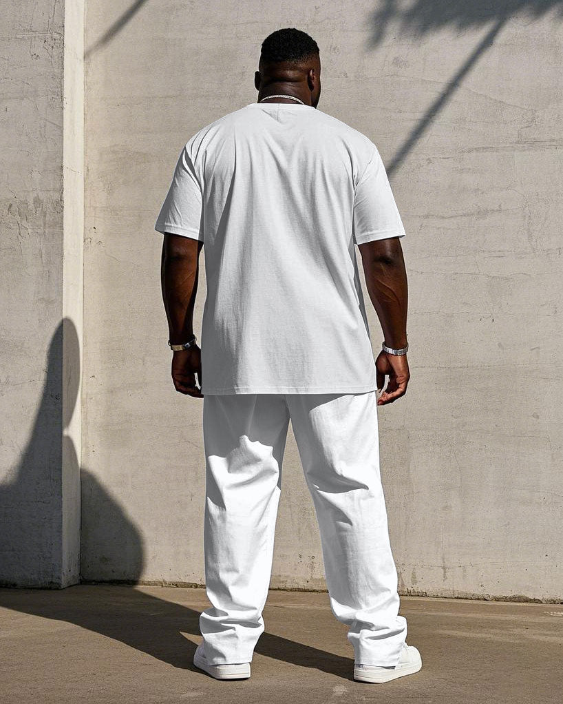 Men's Plus Size White Color-block Line Chest Small Label Printed Short-sleeved T-shirt Trousers Suit