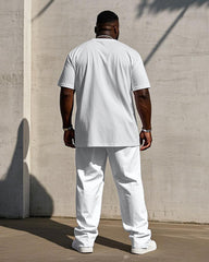 Men's Plus Size White Color-block Line Chest Small Label Printed Short-sleeved T-shirt Trousers Suit