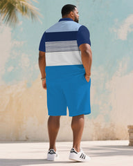 Big & Tall Men's Summer Blue Striped Colorblock Polo Short Sleeve Shirt Shorts Suit