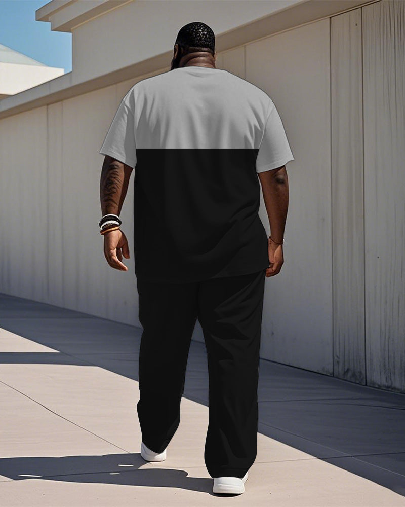 Men's Plus Size Black And Grey Colorblock Alphabet Print Henry Collar T-Shirt Trousers Suit