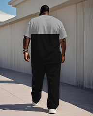 Men's Plus Size Black And Grey Colorblock Alphabet Print Henry Collar T-Shirt Trousers Suit