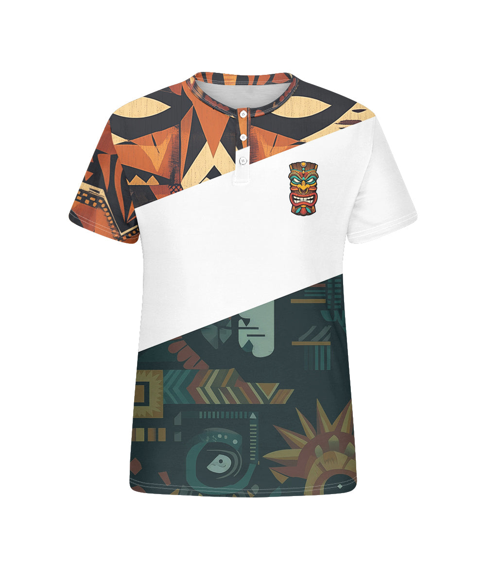 Men's Plus Size Daily Casual Stitching Tiki Mask Printed Henry Collar Button Short Sleeve T-Shirt