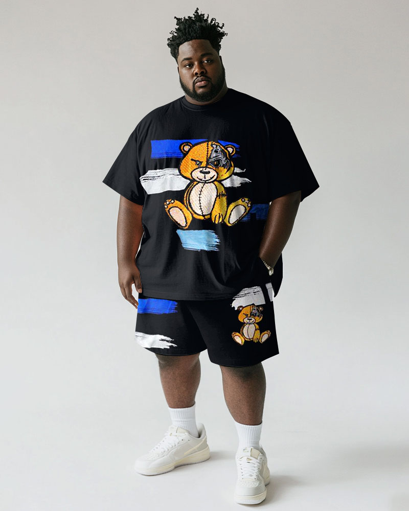 Men's Plus Size Street Black Graffiti Bear Print Short Sleeve T-Shirt Shorts Suit