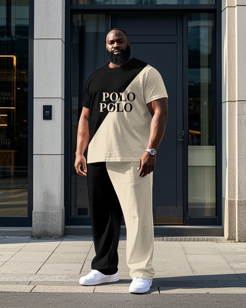 Men's Simple Splicing Color Block POLO Letter Printed Big and Tall Short Sleeve T-shirt Pants Set