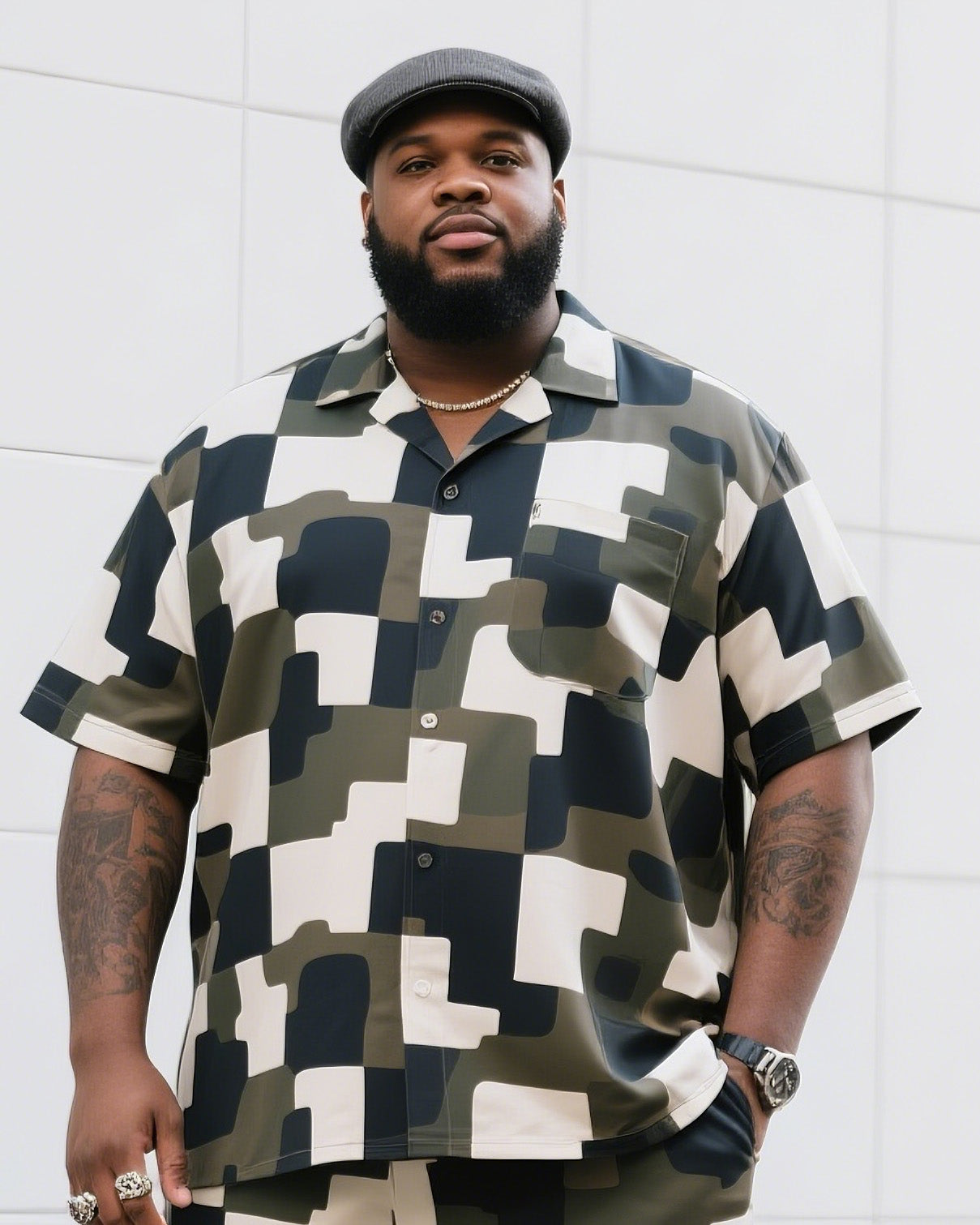 Big Man's Daily Leisure Outdoor Activities Irregular Puzzle Creative Camouflage Short Sleeve Shirt Shorts Suit