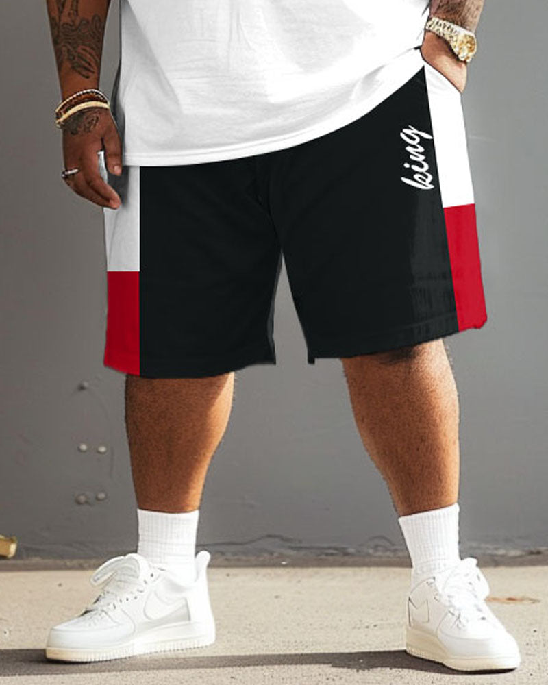 Big Guys Casual Simple Red And Black Color Block King Printed T-Shirt Shorts Set
