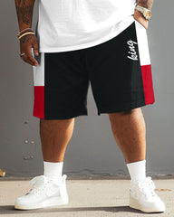 Big Guys Casual Simple Red And Black Color Block King Printed T-Shirt Shorts Set