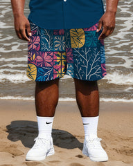 Big Men's Retro Fashion Color Block Plaid Abstract Floral Printed Short Sleeve Shirt Shorts Set