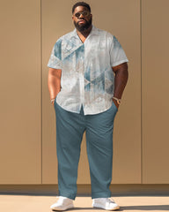Striped Geometric Print Short Sleeve Shirt Trousers Suit Men's Plus Size