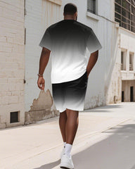 Men's Plus Size Street Graffiti Black Gradient A Letter Print Round Neck Short Sleeve T-Shirt Shorts Suit