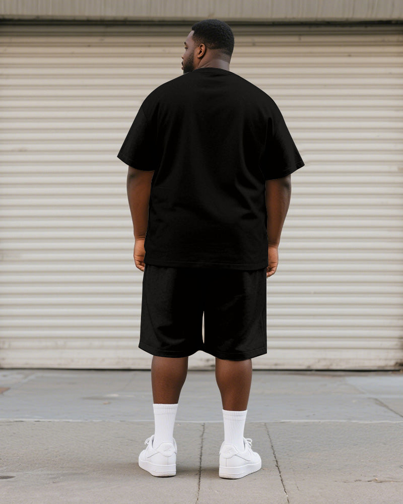 Big & Tall Men's Black Expression Graffiti Print Round Neck Short Sleeve T-Shirt Shorts Suit
