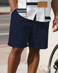Men's Plus Size Irregular Geometric Pattern Dark White & Dark Blue Short Sleeve Shirt Shorts Suit