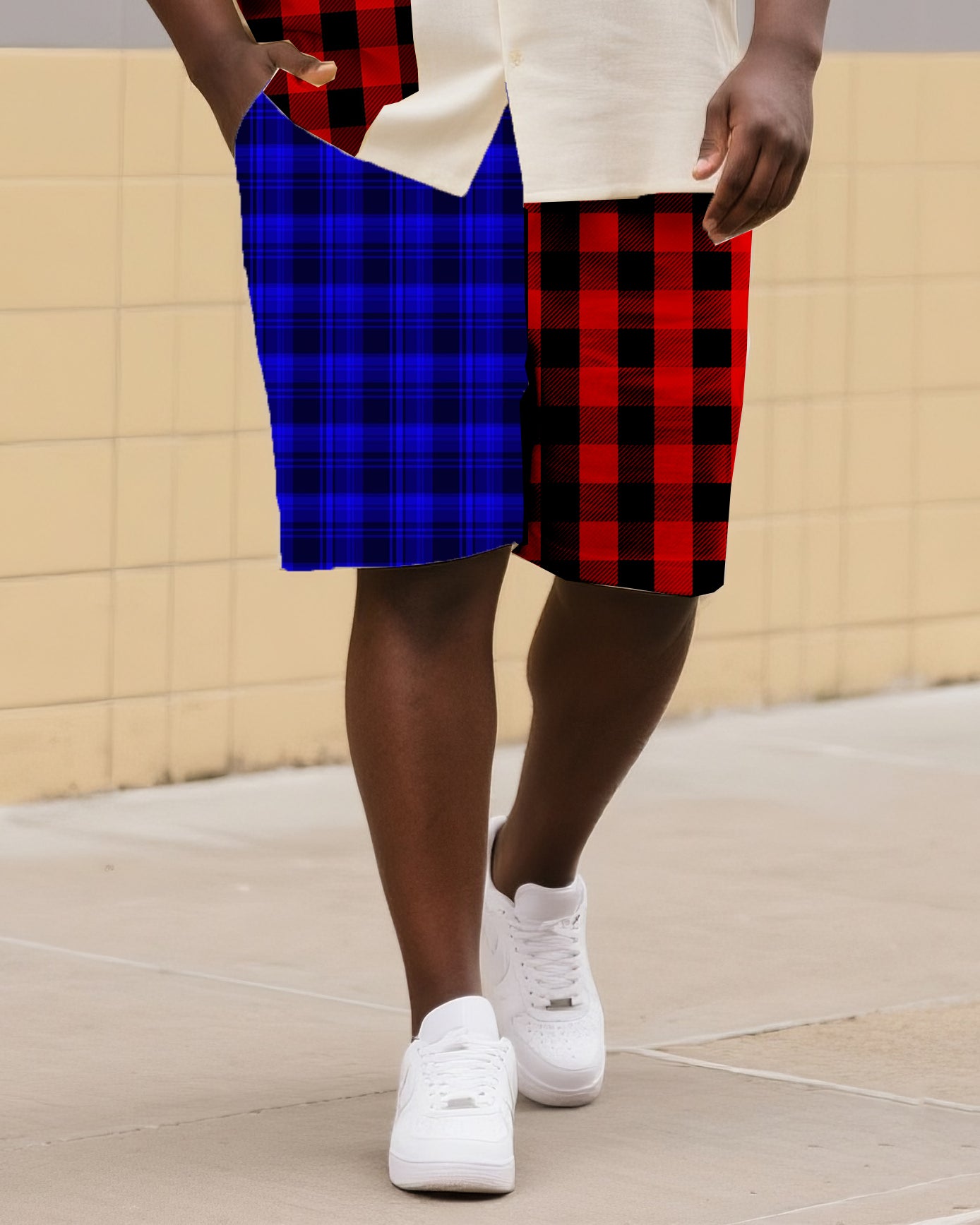 Big & Tall Men's Street Fashion Daily Casual Asymmetric Colorblock Plaid Shirt Shorts Suit
