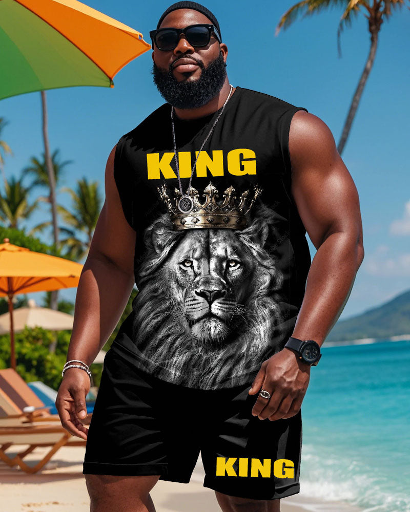 Men's Big & Tall Summer KING-3D Lion Print Tank Shorts Set