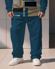 Men's Simple Blue And Black Light Khaki Stripe Alphabet Print Polo Shirt Zipper Trousers Suit