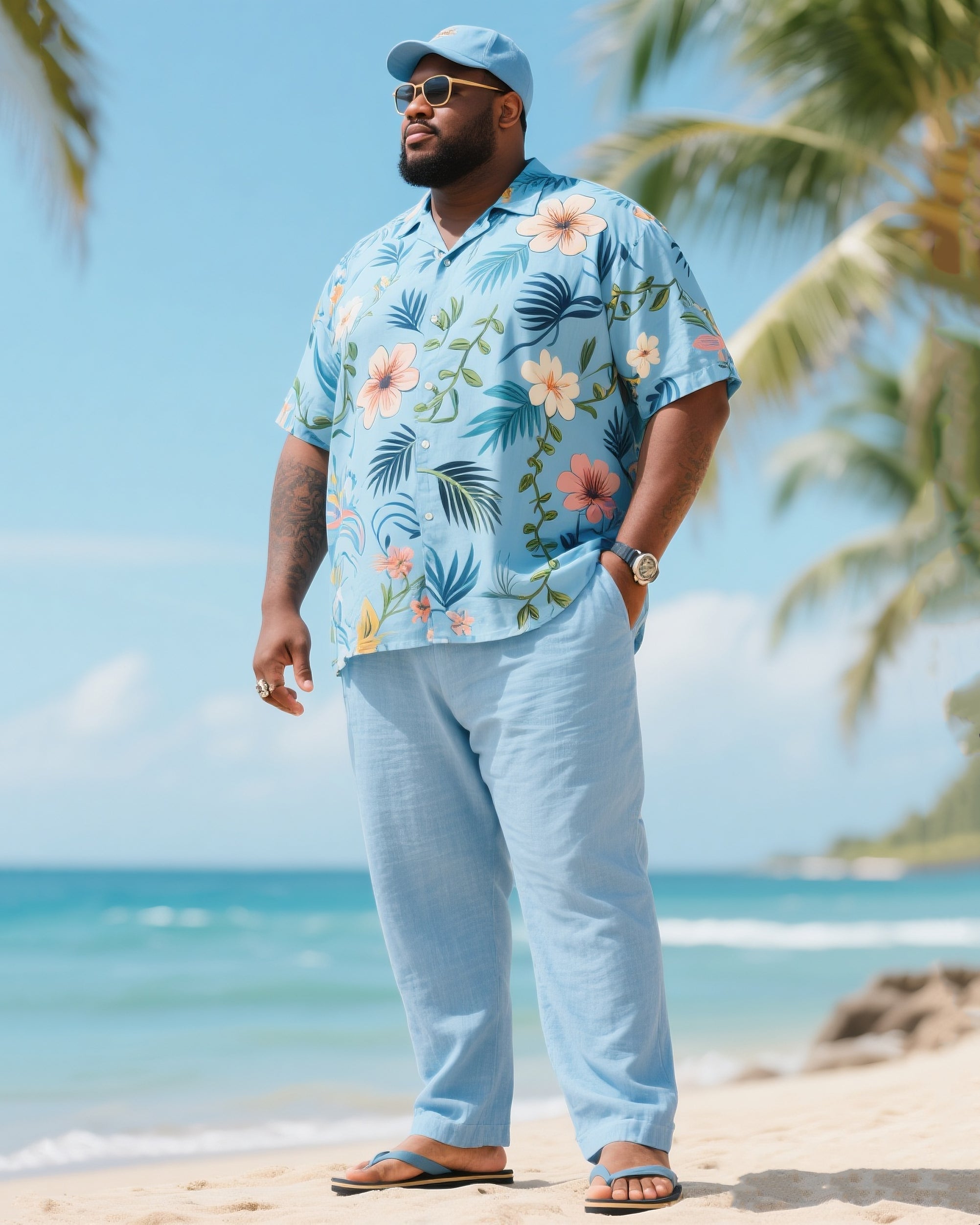 Big & Tall Men's Holiday Style Summer Color Matching Light Luxury Irregular Floral Printed Short Sleeve Shirt Pants Cotton Linen Suit